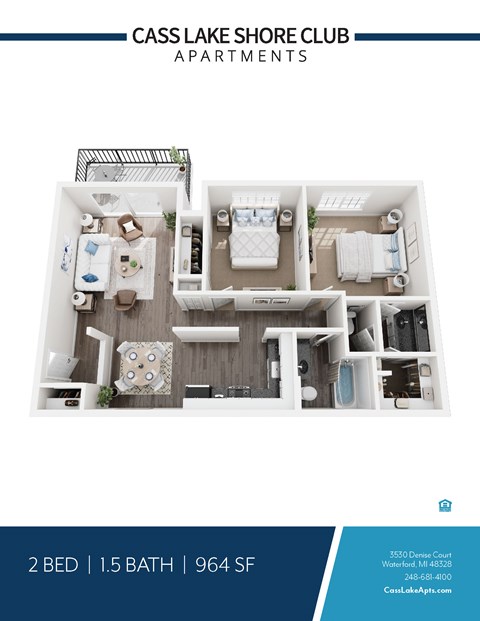 Floor plan for 2 beds, 1.5 baths, 964 sqft